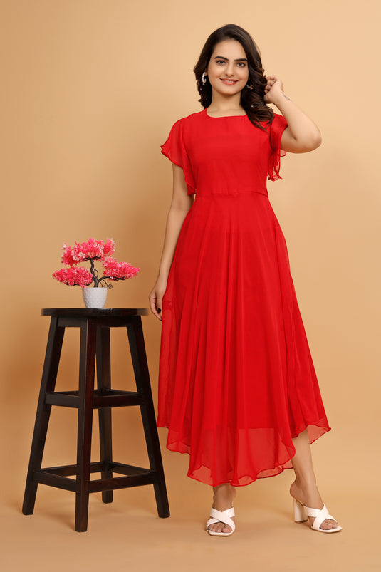 Fancy Plain Flared Calf Length Georgette Kurti for Women