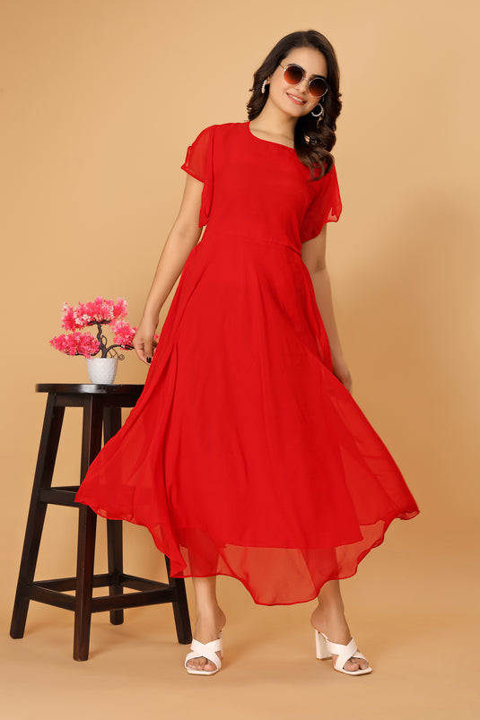 Fancy Plain Flared Calf Length Georgette Kurti for Women