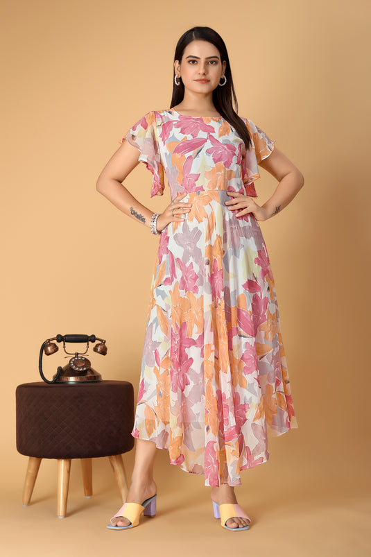 The Vendorvilla Printed Georgette Fancy Calf Length Dress For Women - thevendorvilla