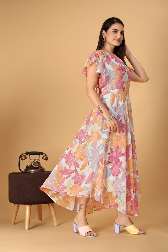 The Vendorvilla Printed Georgette Fancy Calf Length Dress For Women - thevendorvilla