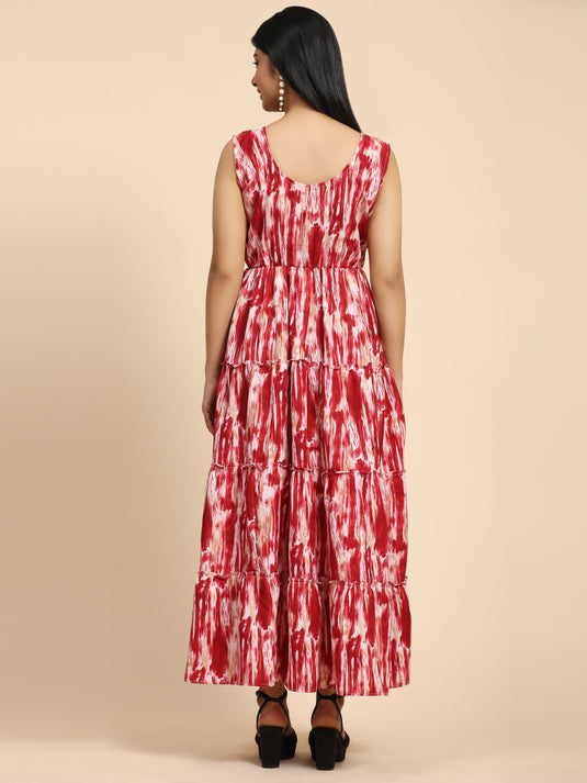 Tie Dyed Rayon Fancy Calf Length A-Line Sleeveless Dress For Women