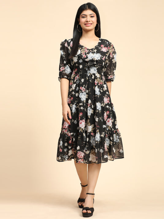 Georgette Floral Calf Length A-Line Dress For Women