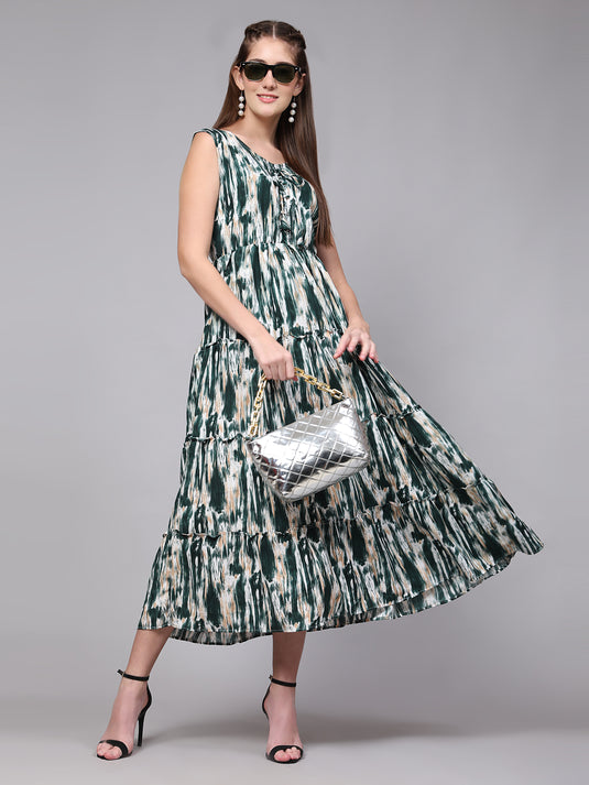 Tie Dyed Rayon Fancy Calf Length A-Line Sleeveless Dress For Women