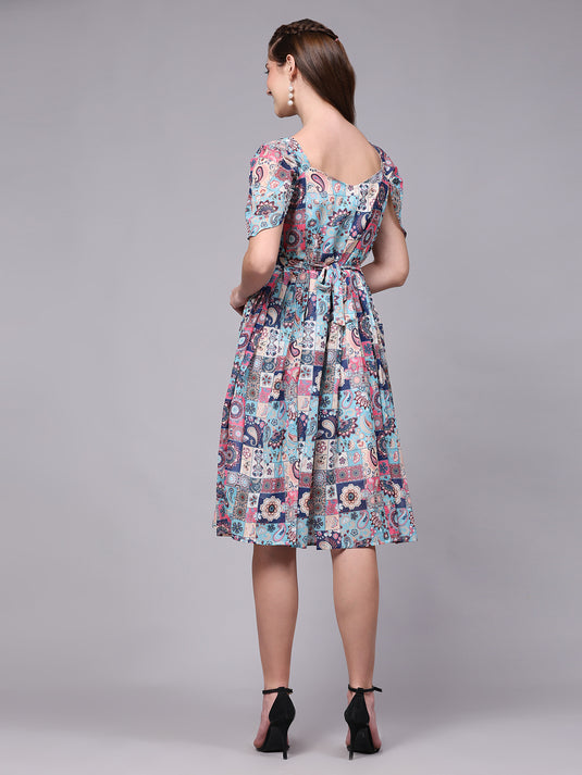 Georgette Abstract Knee Length A-Line Dress For Women