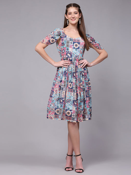 Georgette Abstract Knee Length A-Line Dress For Women