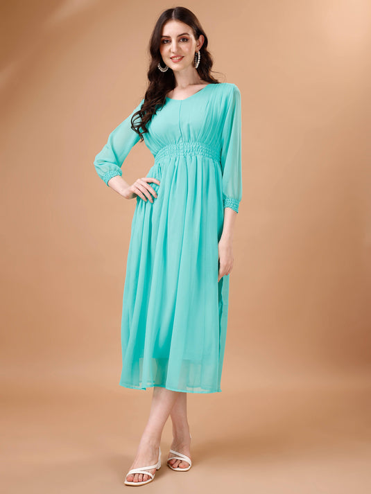 Chic Simplicity: Georgette Calf Length Dress with Elegant Side Slit - thevendorvilla