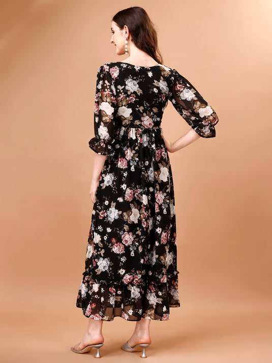 Georgette Floral Calf Length A-Line Dress For Women