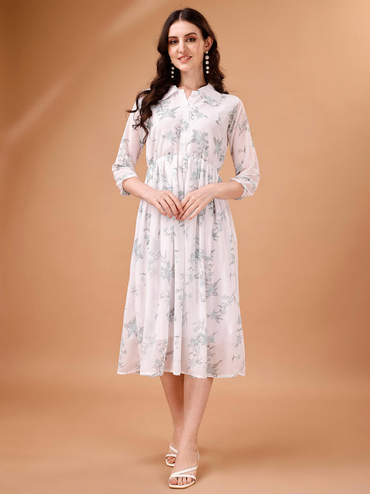 Printed Georgette Calf Length Floral Summer Dress - thevendorvilla