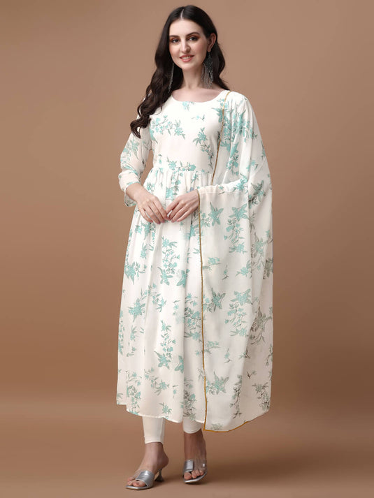 Printed Georgette Calf Length Floral Summer Dress With Dupatta - thevendorvilla