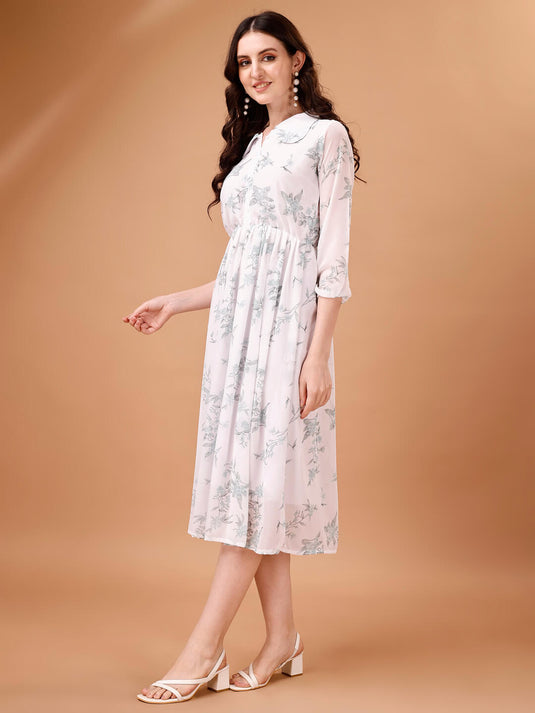 Printed Georgette Calf Length Floral Summer Dress - thevendorvilla