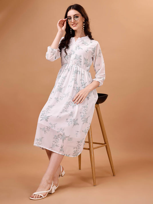 Printed Georgette Calf Length Floral Summer Dress - thevendorvilla