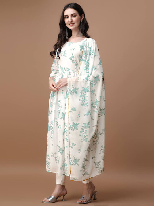 Printed Georgette Calf Length Floral Summer Dress With Dupatta - thevendorvilla