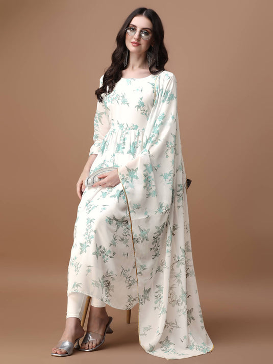 Printed Georgette Calf Length Floral Summer Dress With Dupatta - thevendorvilla