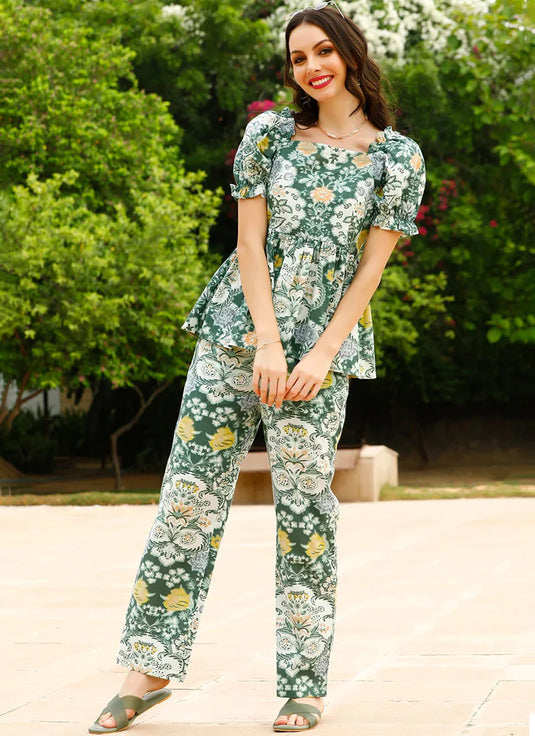 Green Cotton Printed Casual Cord Set - thevendorvilla