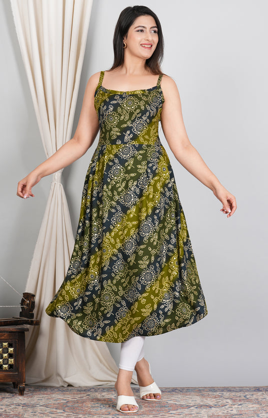 Rayon Foil Print Bandhani Sleeveless Kurti