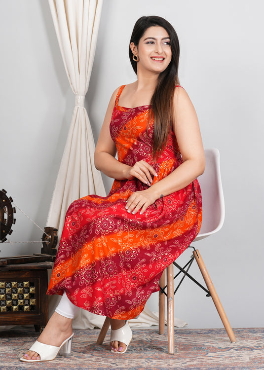 Rayon Foil Print Bandhani Sleeveless Kurti