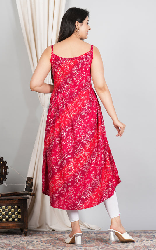 Rayon Foil Print Bandhani Sleeveless Kurti