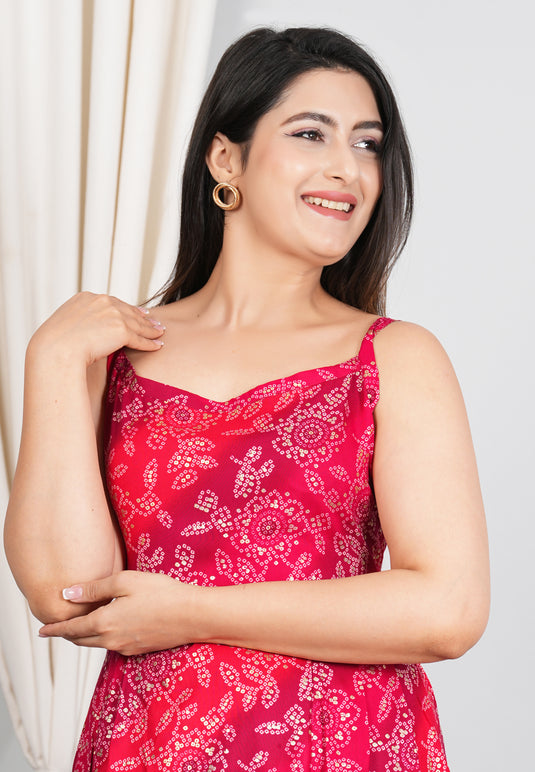 Rayon Foil Print Bandhani Sleeveless Kurti