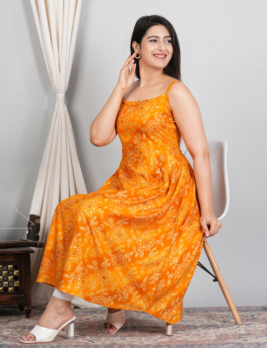 Rayon Foil Print Bandhani Sleeveless Kurti