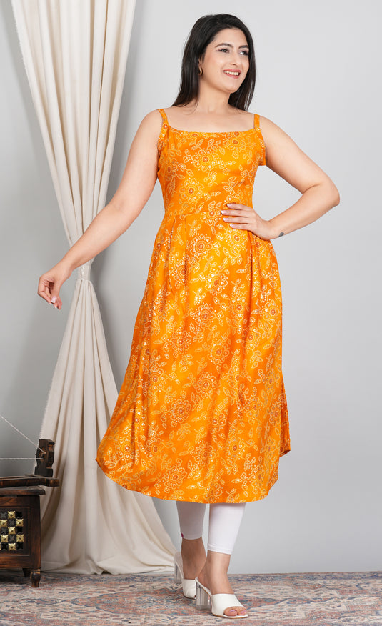 Rayon Foil Print Bandhani Sleeveless Kurti