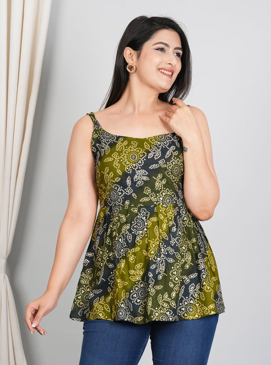 Rayon Foil Print Bandhani Sleeveless Short Kurti