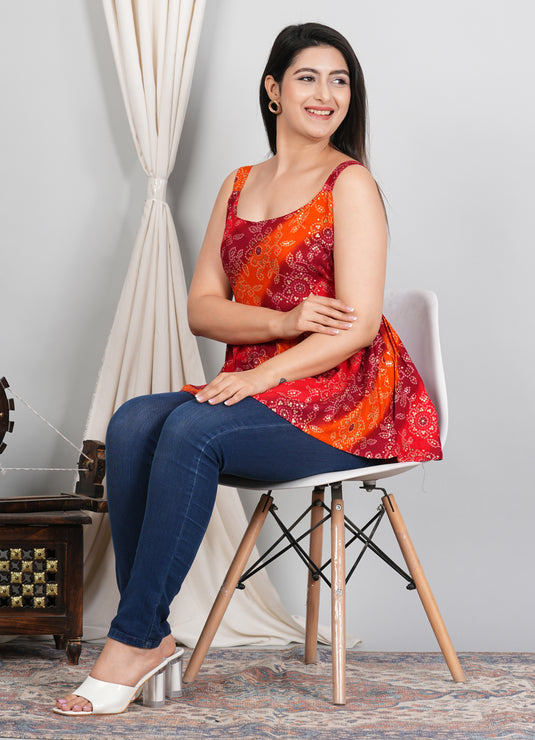 Rayon Foil Print Bandhani Sleeveless Short Kurti