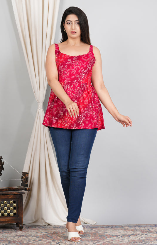 Rayon Foil Print Bandhani Sleeveless Short Kurti