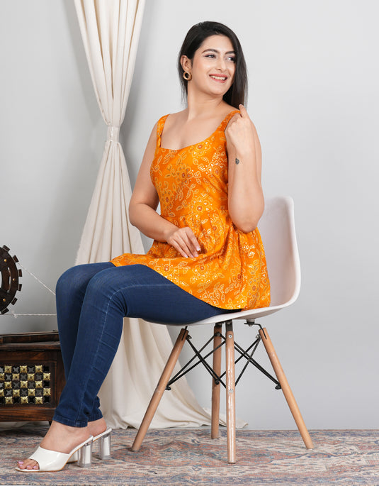 Rayon Foil Print Bandhani Sleeveless Short Kurti