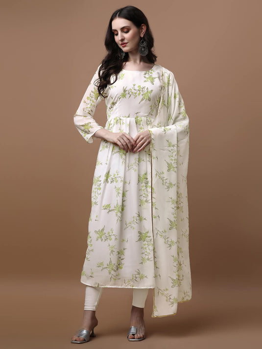Printed Georgette Calf Length Floral Summer Dress With Dupatta - thevendorvilla