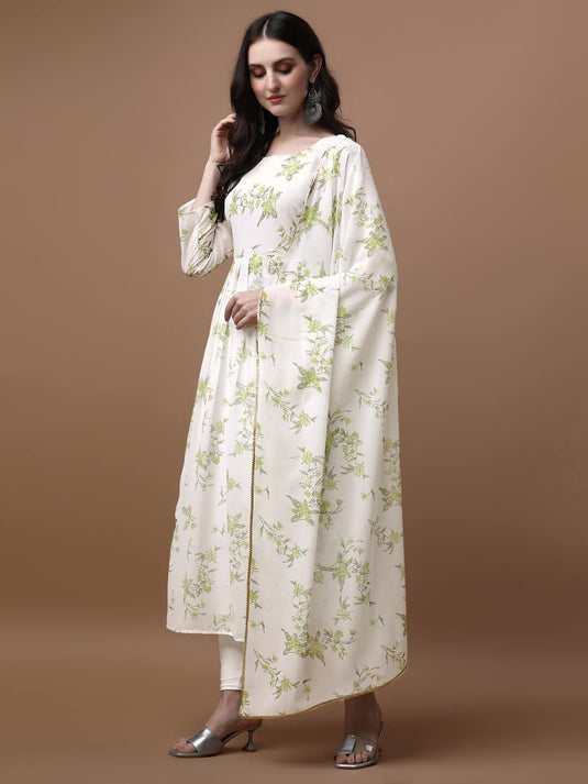 Printed Georgette Calf Length Floral Summer Dress With Dupatta - thevendorvilla