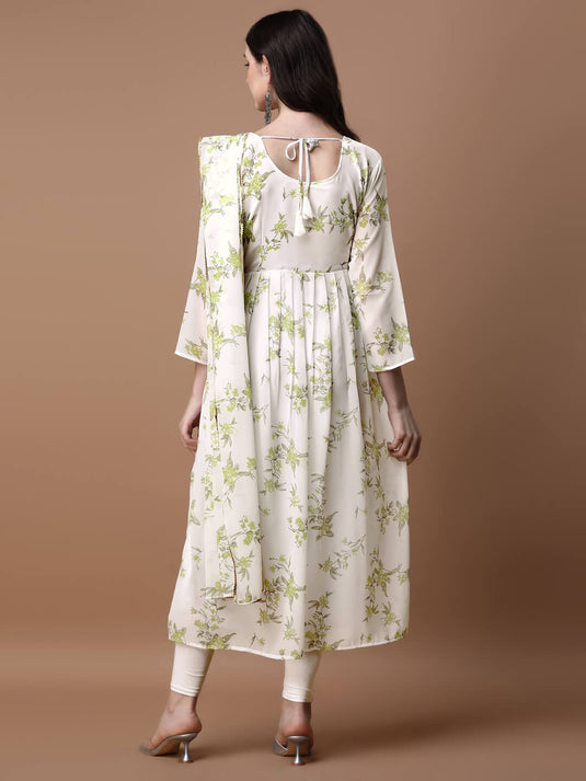 Printed Georgette Calf Length Floral Summer Dress With Dupatta - thevendorvilla