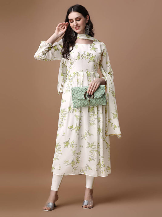 Printed Georgette Calf Length Floral Summer Dress With Dupatta - thevendorvilla