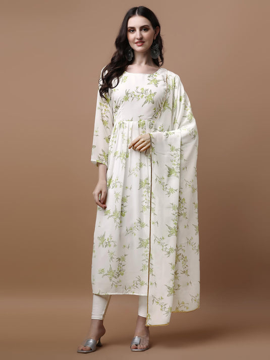 Printed Georgette Calf Length Floral Summer Dress With Dupatta - thevendorvilla