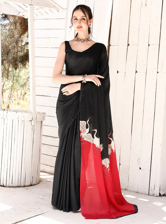 Black And Red Printed Satin Silk Saree