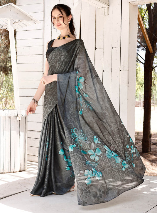 Ash Grey Digital Printed Soft Satin Saree
