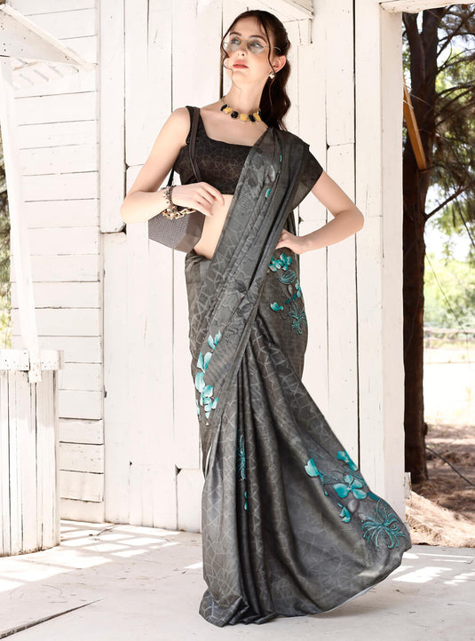 Ash Grey Digital Printed Soft Satin Saree