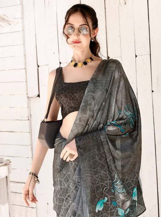 Ash Grey Digital Printed Soft Satin Saree
