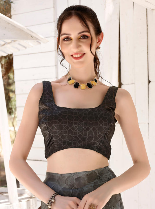 Ash Grey Digital Printed Soft Satin Saree