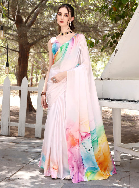 Light Pink Digital Printed Soft Satin Saree