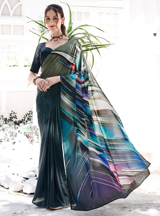Black Digital Printed Soft Satin Saree