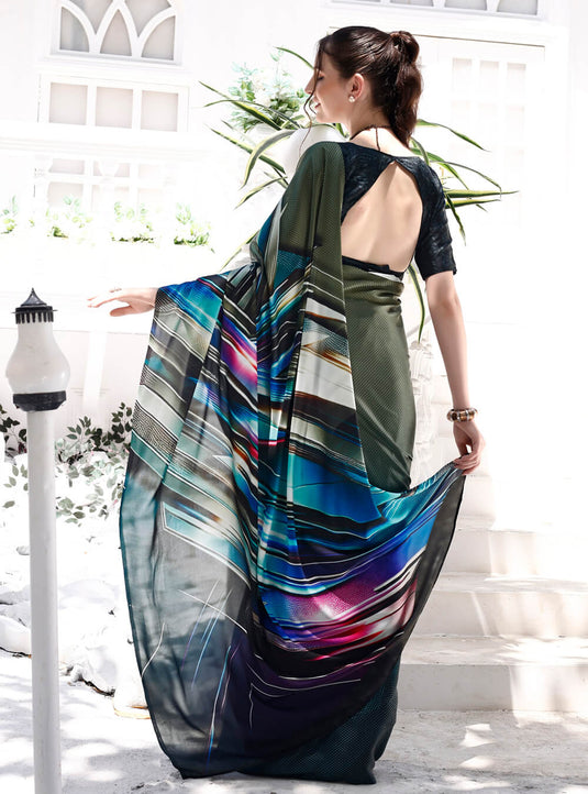 Black Digital Printed Soft Satin Saree