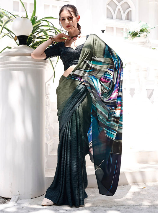 Black Digital Printed Soft Satin Saree