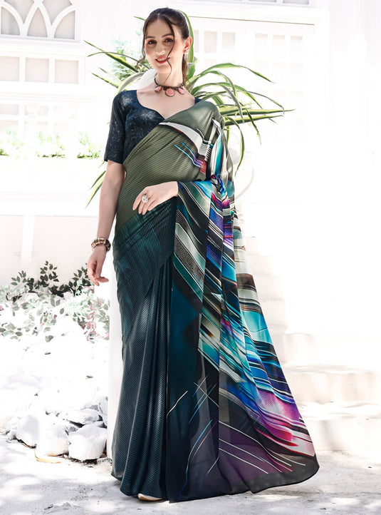 Black Digital Printed Soft Satin Saree