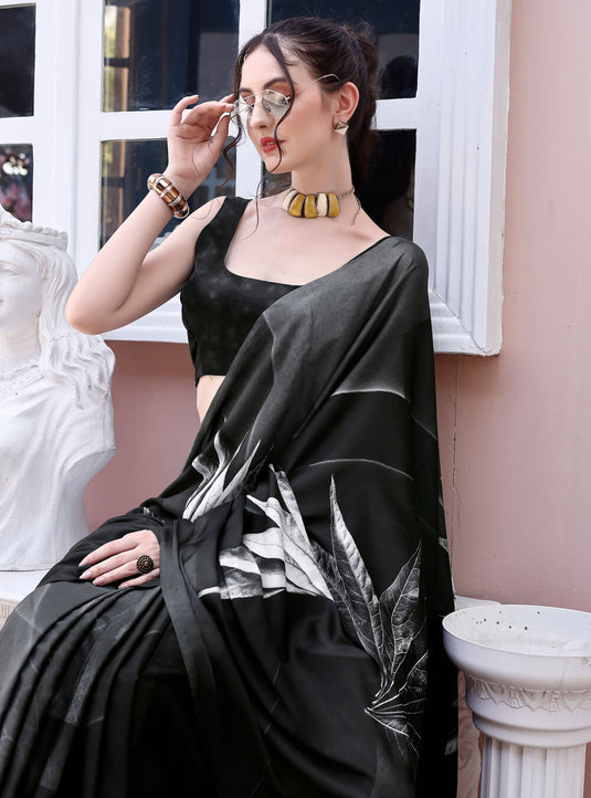 Black Digital Printed Soft Satin Saree