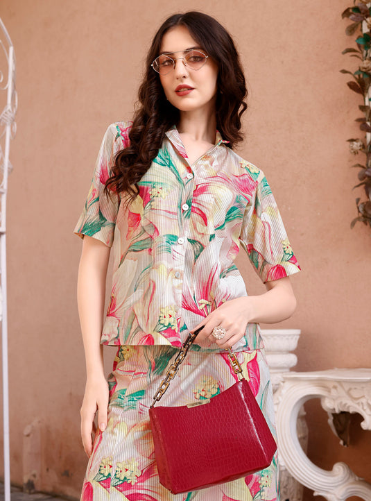 Women's Corduroy Floral Co-Ord Set Top With Long Skirt