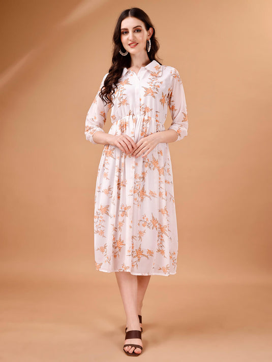 Printed Georgette Calf Length Floral Summer Dress - thevendorvilla