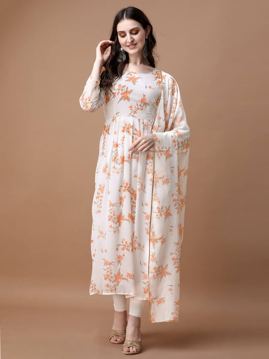 Printed Georgette Calf Length Floral Summer Dress With Dupatta - thevendorvilla