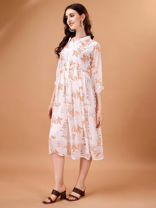 Printed Georgette Calf Length Floral Summer Dress - thevendorvilla