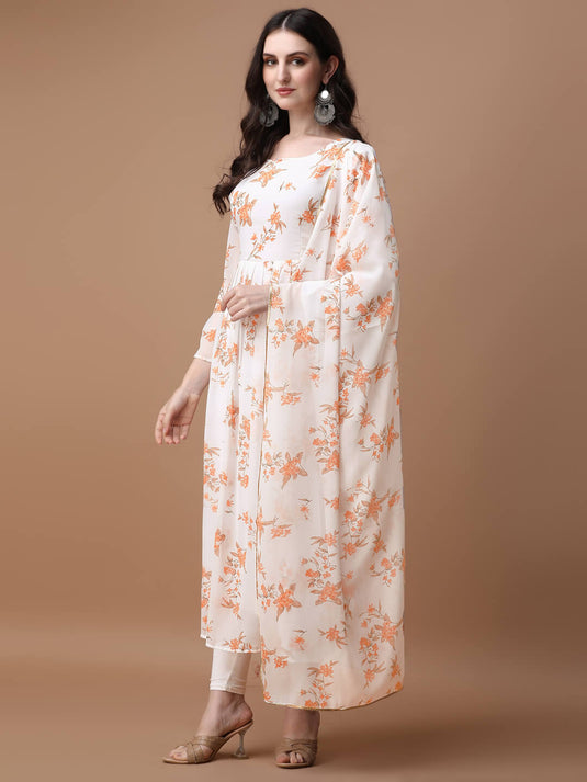 Printed Georgette Calf Length Floral Summer Dress With Dupatta - thevendorvilla