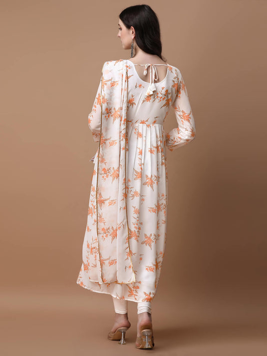 Printed Georgette Calf Length Floral Summer Dress With Dupatta - thevendorvilla